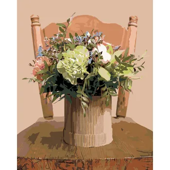 ZUTY Malování podle čísel - KYTICE V LEPENKOVÉ VÁZE NA ŽIDLI Rozměr: 40x50 cm, Rámování: bez rámu a bez vypnutí plátna