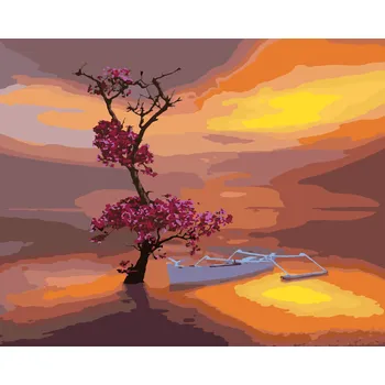 ZUTY Malování podle čísel - LOĎKA S NÁDHERNĚ KVETOUCÍM STROMEM Rozměr: 40x50 cm, Rámování: bez rámu a bez vypnutí plátna