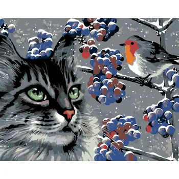 ZUTY Malování podle čísel - ČÍHAJÍCÍ ŠEDÝ KOCOUR A PTÁČEK Rozměr: 40x50 cm, Rámování: bez rámu a bez vypnutí plátna