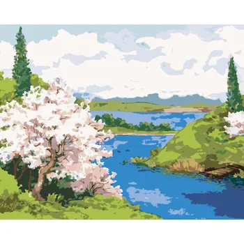 Dětské zboží ZUTY Malování podle čísel - KVETOUCÍ STROMY NA BŘEHU KLIKATÉ ŘEKY Rozměr: 40x50 cm, Rámování: vypnuté plátno na rám