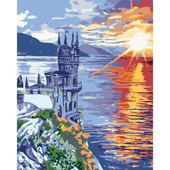 ZUTY Malování podle čísel - ZÁMEK NA SKÁLE A VÝCHOD SLUNCE Rozměr: 80x100 cm, Rámování: bez rámu a bez vypnutí plátna