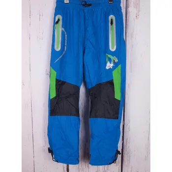 Outdoor šusťákové kalhoty podšité bavlnou Kugo modré se zelenou s bagrem velikost oblečení - děti: 104