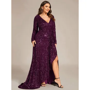 Dámské šaty Večerní flitrové šaty s výstřihem do V a dlouhými rukávy Barva: Fialová, Velikost: 9XL