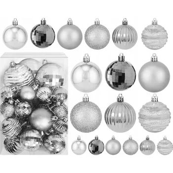 Vánoční ozdoba Vánoční závěsné baňky na stromeček - 6 druhů - 36 ks - stříbrné