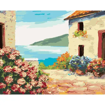 ZUTY Malování podle čísel - DŮM U MOŘE A KVĚTINY Rozměr: 40x50 cm, Rámování: bez rámu a bez vypnutí plátna