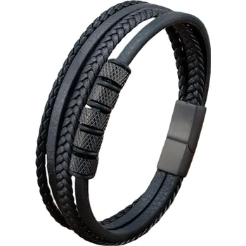 Náramek Joy-sperky Pánský kožený náramek vícevrstvý, kůže chirurgická ocel černý Délka: 23 cm