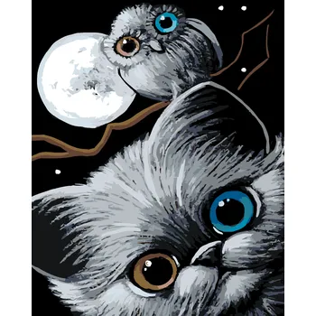ZUTY Malování podle čísel - KOTĚ, SOVA A MĚSÍC Rozměr: 40x50 cm, Rámování: bez rámu a bez vypnutí plátna