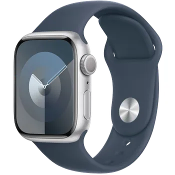 Apple Watch Series 9 41 mm Celullar, stříbrný hliník s bouřkově modrým sportovním řemínkem S/M