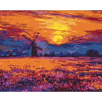ZUTY Malování podle čísel - BAREVNÝ ZÁPAD SLUNCE A VĚTRNÝ MLÝN Rozměr: 40x50 cm, Rámování: bez rámu a bez vypnutí plátna
