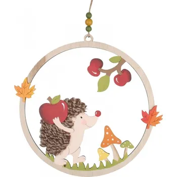 Anděl Přerov Ježek v dřevěném kruhu na zavěšení 30 cm