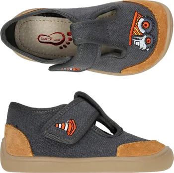 Dívčí bačkory Bačkory plátěnky 3F 2BE8/1 bar3foot super flexi šedohnědé s náklaďákem barefoot, suchý zip velikost: 22