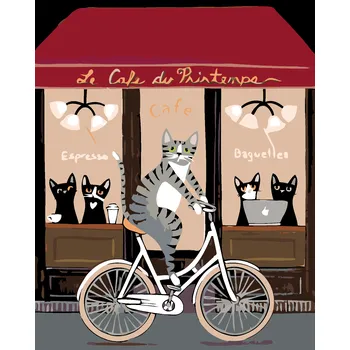 ZUTY Malování podle čísel - KOCOUR NA KOLE PŘED KAVÁRNOU Rozměr: 40x50 cm, Rámování: bez rámu a bez vypnutí plátna