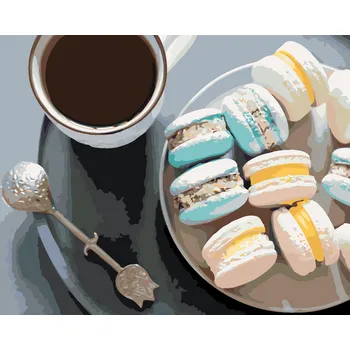 Hračka ZUTY Malování podle čísel - KÁVA A MAKRONKY II Rozměr: 40x50 cm, Rámování: bez rámu a bez vypnutí plátna