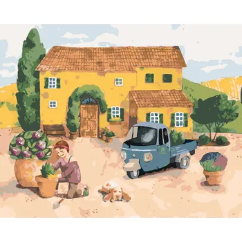ZUTY Malování podle čísel - ŽENA SADÍCÍ KVĚTINY U DOMU V PROVANCE Rozměr: 40x50 cm, Rámování: bez rámu a bez vypnutí plátna