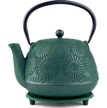 Konvice na čaj Čajová zahrada Japonská litinová konvice Manami zelená 1200 ml s podložkou