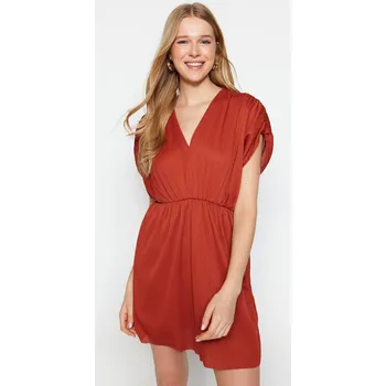 Dámské šaty Trendyol Tile Přední zadní V-Neck Plisovaný A-Linie Mini pletené šaty Trendyol tmavě červená 2317457