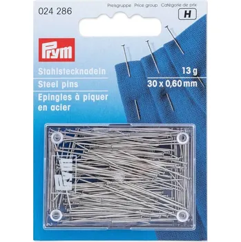 PRYM Špendlíky, 0,60 x 30 mm, stříbrné barvy, 13 g, karta s krabičkou