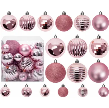 Vánoční ozdoba Vánoční závěsné baňky na stromeček - 3 velikosti - 6 druhů - 36 ks - růžové