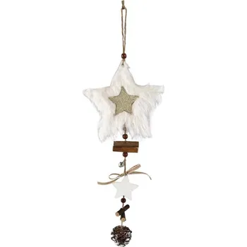 Vánoční dekorace Závěs filc, dřevo 150x150mm hvězda, přírodní, bílá