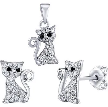 Souprava šperků Stříbrný set šperků kočka Bessie s Brilliance Zirconia - náušnice a přívěsek MW01038S