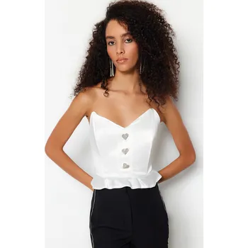 Dámská halenka Trendyol smetanová krátká podšitá pletená halenka s volánky a saténovými svatebními doplňky Trendyol šedá 2222613