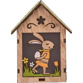 Velikonoční dekorace LED dekorace dřevo 85×115 mm – zajíček v domečku, přírodní/zelená
