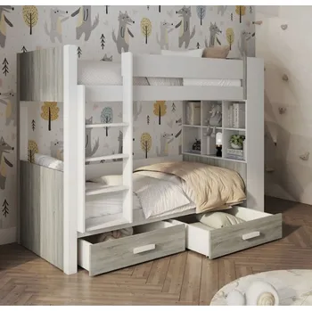Dětská postel Dětská patrová postel z masivu borovice GASPAR se šuplíky a regálem - 200x90 cm - bílá/dub sonoma (Vlevo )