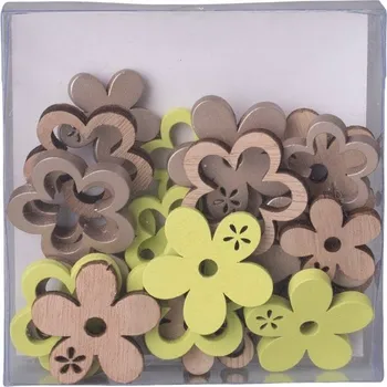 Dekorace dřevěné kytky mix přírodní zelená 20ks 35x35mm