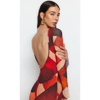 Dámské šaty Trendyol Vícebarevné Tištěné Speciální Texturované Tělo Přizpůsobený Detail Zad Maxi Elastické Pletené Šaty Trendyol tmavě červená 2391734