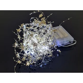 Vánoční dekorace VOR-BAT 2M-20 HVĚZDY - bateriový, dekorační 2m dlouhý vánoční světelný drátový řetěz s časovačem, 20x svítící LED a malé dekorační kuličky a hvězdičky, napájení 3x bat AA Barva: Stříbrná