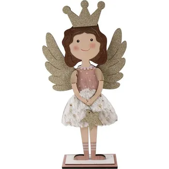Vánoční dekorace Dřevěná dekorace Anděl na postavení, přírodní s glitrem, barevná, 180x380mm