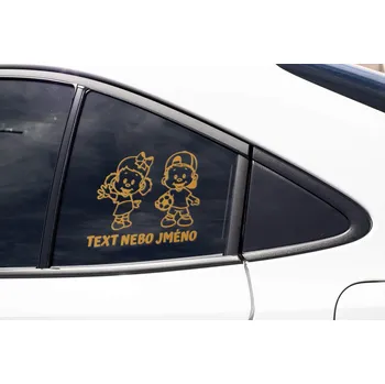 Samolepící dekorace Samolepka Děti v autě s vlastním textem Barva: Zlatá, Velikost: Šířka 15cm