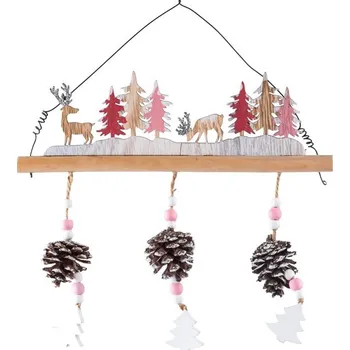 Vánoční dekorace Závěs dřevo 270x240mm lesní krajina, přírodní, hnědá, řůžová