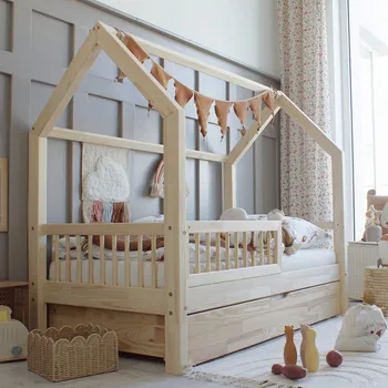 Dětská postýlka Domečková postel Pioli Plus 90 x 200 cm s přistýlkou - přírodní borovice