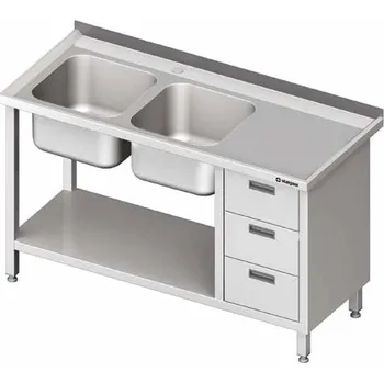 Dětský stůl Stůl s dvoukomorovým dřezem po levé straně s blokem tří zásuvek a policí 1700x600x850 mm | STALGAST, 981106170