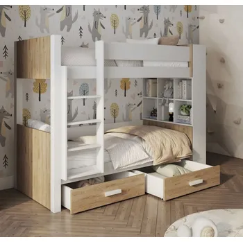Dětská postel Dětská patrová postel z masivu borovice GASPAR se šuplíky a regálem - 200x90 cm - bílá/dub shetland