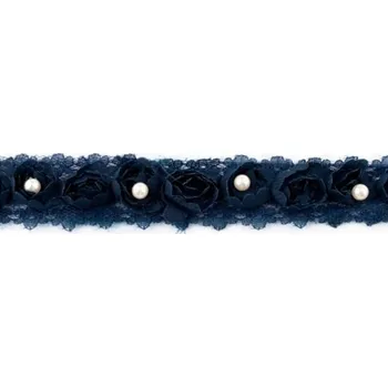 Krajka v tmavě modré barvě s růžičkami a perličkami 41647