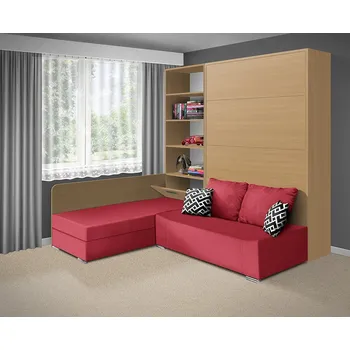 Postel Nabytekmorava Motorová sklápěcí postel s pohovkou VS 21066 160x200 cm barevné kombinace: Buk / dveře buk, barva pohovky: Savana červená