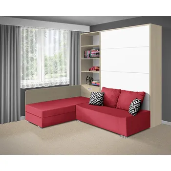 Postel Nabytekmorava Motorová sklápěcí postel s pohovkou VS 21066 180x200 cm barevné kombinace: Akát / dveře bílé, barva pohovky: Savana červená