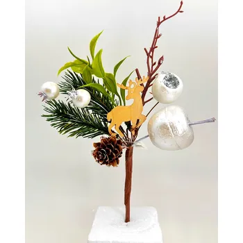 Vánoční dekorace Zápich, větvička S JELENEM A JABLÍČKEM, bílé, 20 cm, 1 kus