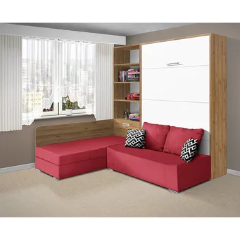 Postel Nabytekmorava Sklápěcí postel s pohovkou VS 21075, 200 x 120cm barevné kombinace: Ořech lyon / dveře bílé, barva pohovky: Savana červená
