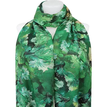 Šála Dámský teplý obdélníkový šál 3015-65 lístky se zlatou nitkou, zelené barvy 7200660