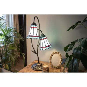 Lampička Modrá stolní Tiffany lampa 2 stínidla červené pruhy RedLine - 35*18*61 cm E14/max 2*25W