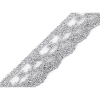Krajka Vyšívaná krajka na monofilu šíře 40 mm, barva 3 stříbrná