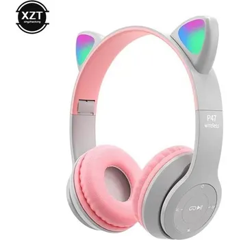 Sluchátka Bluetooth sluchátka s LED světly a kočičími oušky - Šedá