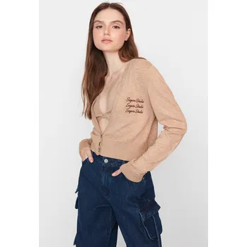 Dámský svetr Trendyol X Sagaza Studio Světle hnědá výšivka Detailní pletený svetr Trendyol krémová 2035665