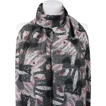 Šála Dámský teplý obdélníkový šál 3013-7 s potiskem koček, černé barvy 7200669-4