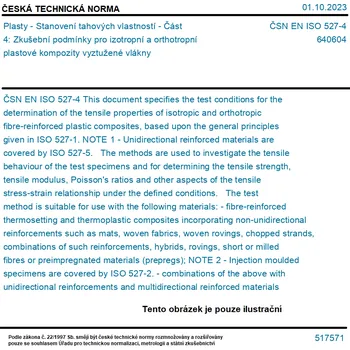 ČSN EN ISO 527-4 - Plasty - Stanovení tahových vlastností - Část 4: Zkušební podmínky pro izotropní a orthotropní plastové kompozity vyztužené vlákny - Tisk