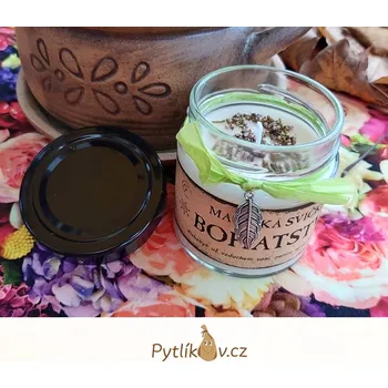 Svíčka Magická svíčka ze sojového vosku Bohatství (Přírodní svíčka ze sojového vosku pro přísun peněz a bohatství. Vyrobená ručně dle magických pravidel. Vonná dárková svíčka vhodná i jako milý dárek pro osobu, které přejete peníze a bohatství. Při jeho spalován