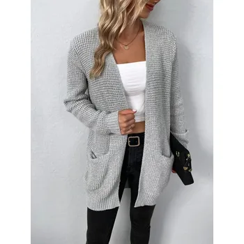 Dámský svetr Dlouhý jednobarevný dámský cardigan s kapsami Barva: Šedá, Velikost: L